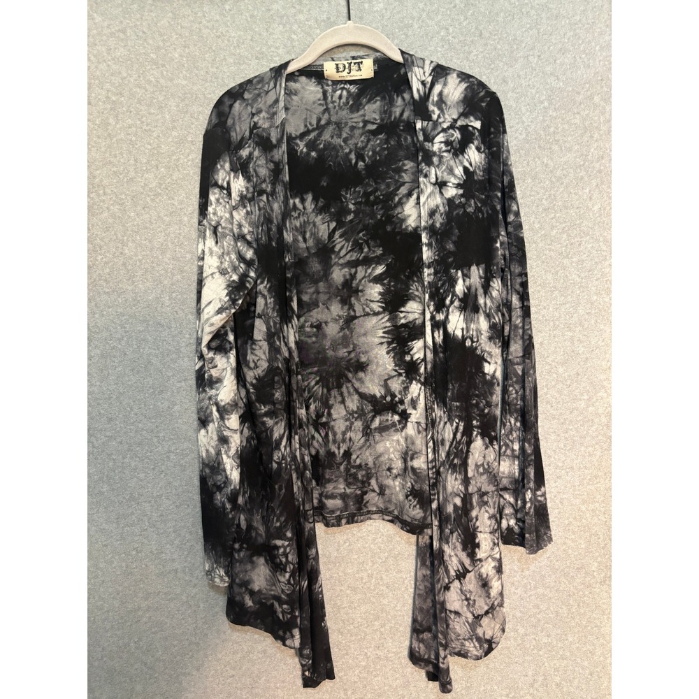 DJT Tie Dye Open Front Cardigan Women's XL Black Gray Duster Boho Soft